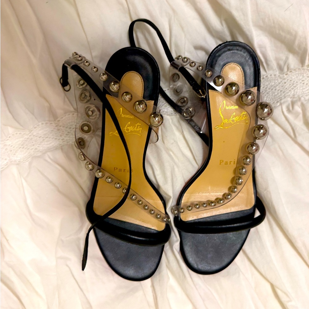 Christian Louboutin silver clear studded stack heel